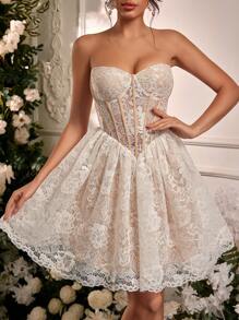 SHEIN Belle 优雅浪漫白色蕾丝筒鱼骨V字腰泡泡袖连衣裙适合晚宴单身派对约会度假返校季毕业季婚礼活动生日派对新娘送礼会礼服，小白裙 - 白色 - 查看 1