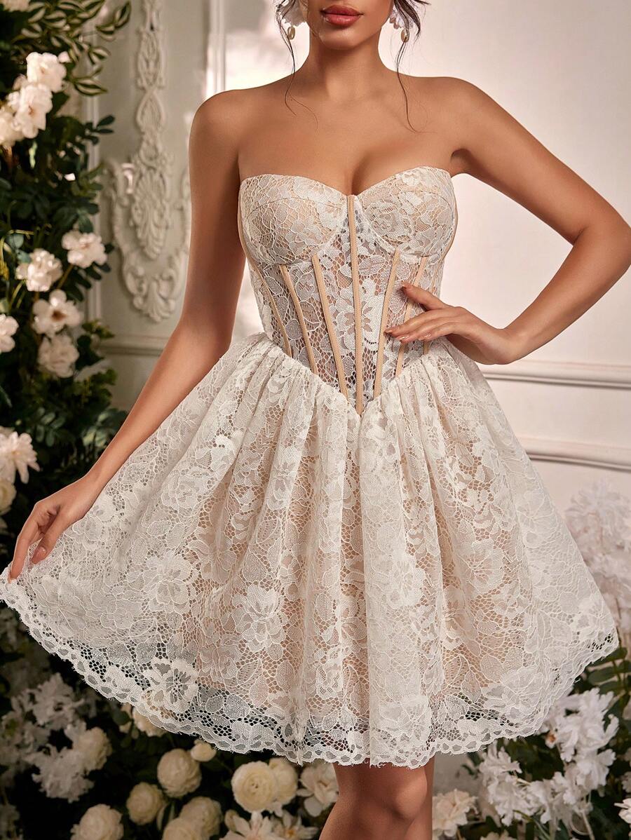 SHEIN Belle 优雅浪漫白色蕾丝筒鱼骨V字腰泡泡袖连衣裙适合晚宴单身派对约会度假返校季毕业季婚礼活动生日派对新娘送礼会礼服，小白裙 - 白色 - 查看 1