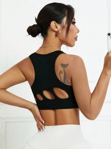 Easithlete Seamless Ribbed High Elasticity Women Sports Bra - Black - View 7