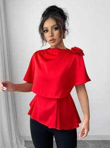 Elenzga Women's Woven Plain Regular Holiday Summer Shirt - Red - View 4