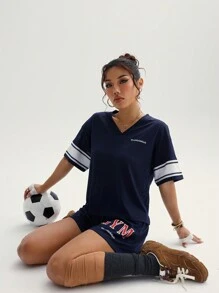 SHEIN Sport Studio Vrouwen gestreepte korte mouw top en shorts yoga tennis casual sport 2-delige set