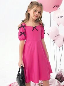 SHEIN Explorewe Girls Fuchsia Bow Decor Dress