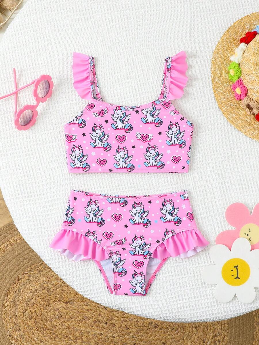 Young Girls Bikini Sets - Adorable Pink Unicorn Print Swimsuit Set. Features Soft Knitted Fabric And Ruffle-Trimmed Separable Bikini Top & Bottom. Fashionable, Casual, And Whimsically Elegant Design. Perfect For Swimming, Summer Vacations, Beach Trips, Pool Parties, And Holiday Fun. - Pink - View 1