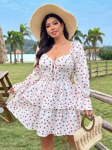 Flirla Plus Size Valentine's Day Heart Print Lace-Up Dress