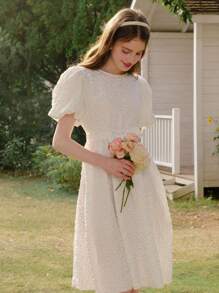 Holiday,Summer,TravelTeen Girl White Puff Sleeve A-Line Dress, Round Neck Short Sleeve Flared Long Dress, Elegant Casual Holiday Wear, Girls' Delicate Clothing, Suitable For Wedding Season, Floral & Decorative Design, No Traditional Patterns