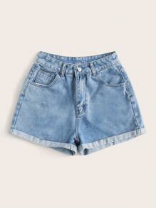 High-Waisted Rolled-Up Denim Shorts For Summer - Green - View 2