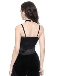 ROMWE Grunge Punk 女士纯色细肩带蝴蝶结装饰简约休闲上衣，适合日常穿着 - 黑色 - 查看 3