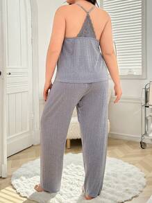 Ensemble pyjama jogging en tricot avec patchwork de dentelle, grande taille