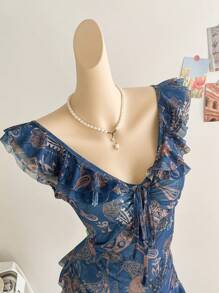 Soleia Vacation Knit Stretchy Mesh Blue Tie Dye Retro Paisley Print Flutter Hem Decorative Slip Camisole Top For Women