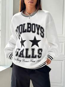 SHEIN Unity Race Pattern Print Contrast Color Collar Round Neck Women's Sweatshirt, Thermal Lined - White - View 4