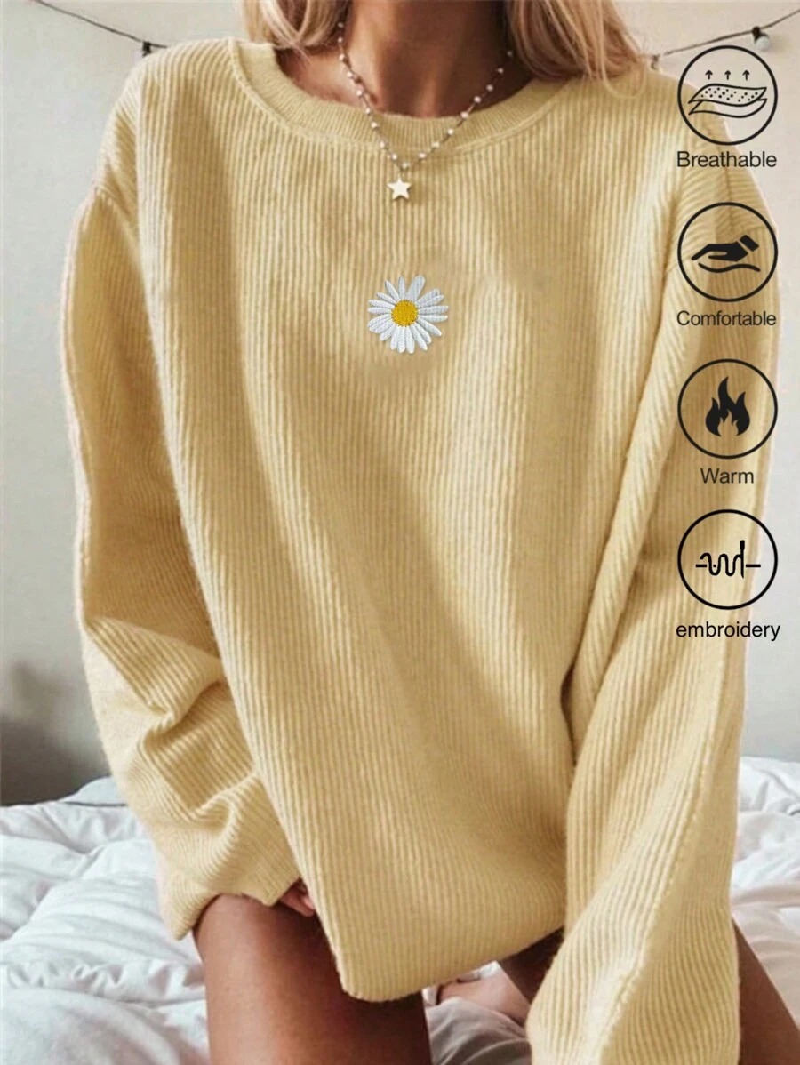 INAWLY 女士时尚竖款黄色雏菊印花长袖罗纹针织 T 恤图案 T 恤女式上衣，适合春季穿着 - 杏色 - 查看 1