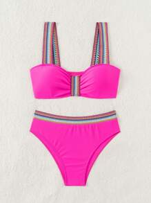 SHEIN Swim Women's Colorful Striped Ruffle Sexy Bikini Swimwear Set, For Summer Beach Vacation