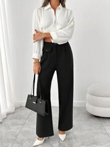 EURMUSE Women's Solid Button Detailed Suit Pants - Black - View 4