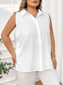 SHEIN CURVE+ 加大码/情人节/夏季简约休闲无袖纽扣衬衫，情人节，玫瑰，爱心，波点，爱，嘴唇，丘比特，3D花朵 - 白色 - 查看 3