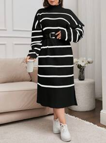 EURMUSE Striped Drop Shoulder Sweater Dress Simple Practical Multifunctional