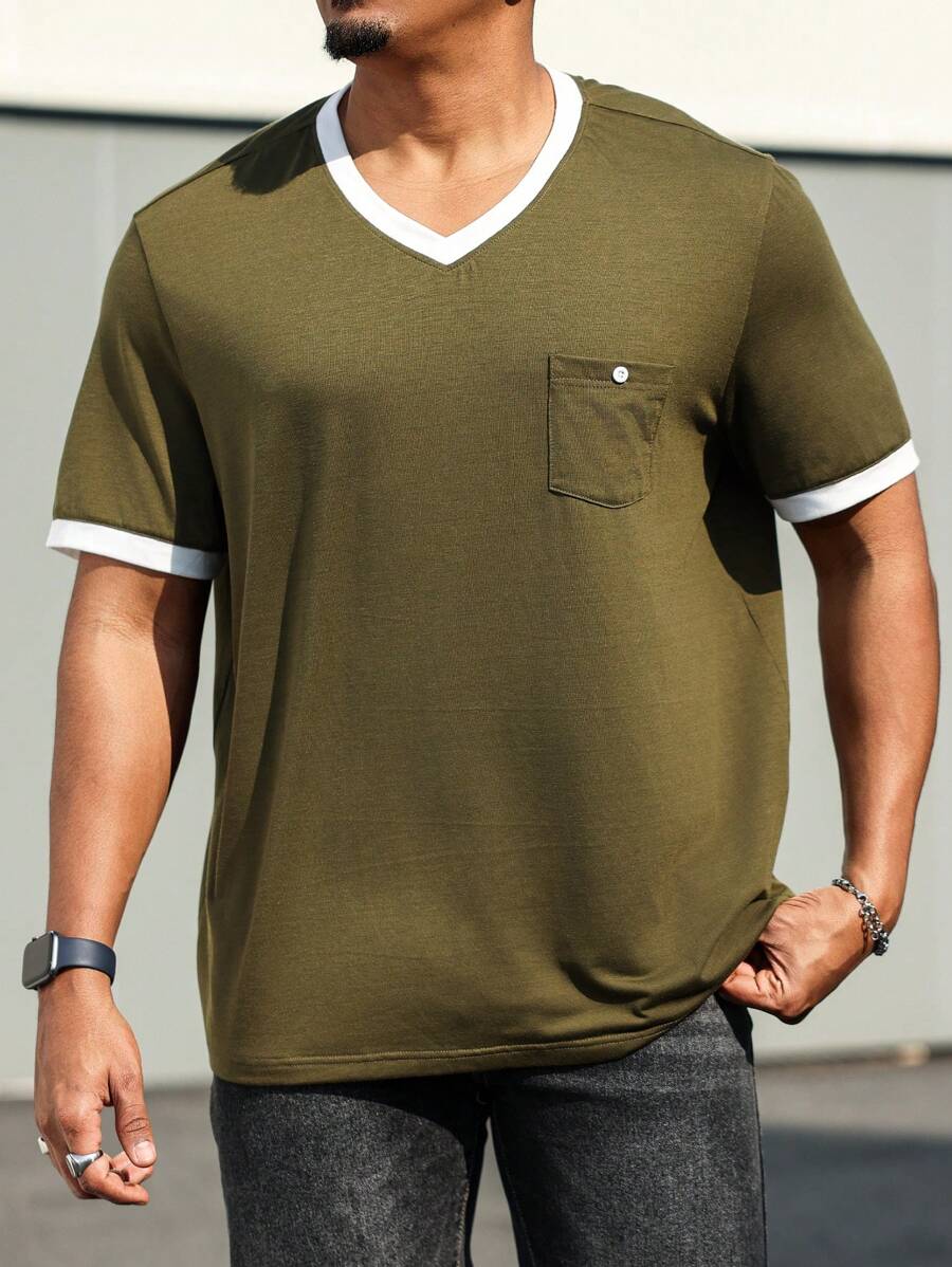 Manfinity Homme Plus Size Men's Contrast Color V-Neck Short Sleeve Pocket Casual T-Shirt - Green - View 1