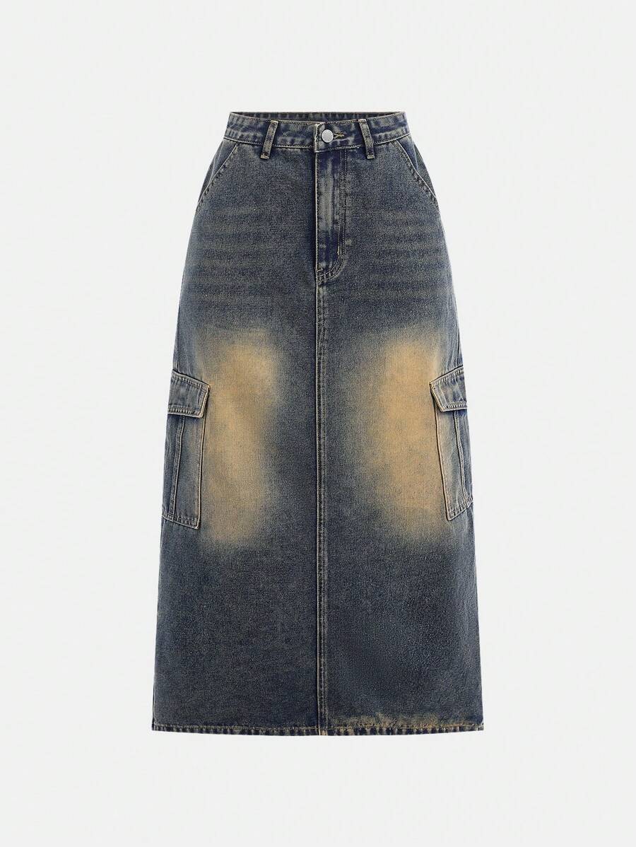 SHEIN 少女 Y2K 时尚复古水洗 2000 年代宽松长款牛仔裙带翻盖口袋，休闲百搭，适合秋冬季日常穿着