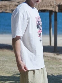 DAZY 夏季男士汽车和海滩图案字母印花休闲T恤度假 - 白色 - 查看 8