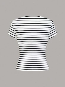 INAWLY Plus Size Women Striped Print Round Neck Short Sleeve Casual T-Shirt