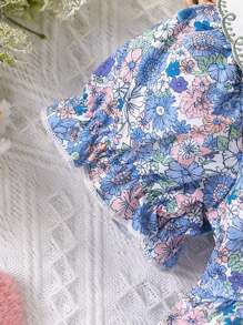 Baby Girl Peter Pan Collar Short Sleeve Floral Print Casual Dress