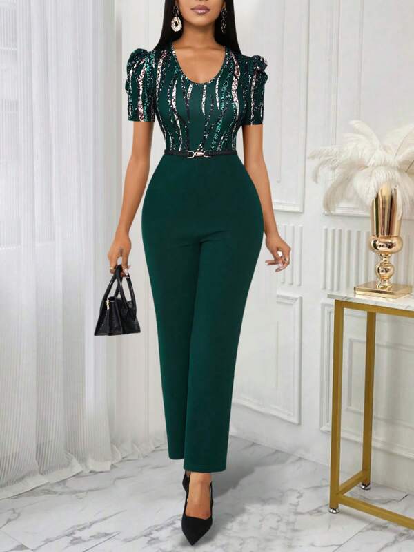 Lyxana Women's Elegant Vintage Coin Print Contrast Color Jumpsuit