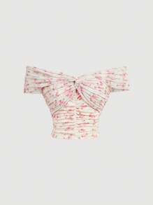 SHEIN MOD Blusa beige de mujer con hombros descubiertos, fruncida, con tirantes cruzados y estampado floral diminuto - Albaricoque - Ver 1