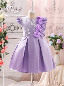 SHEIN Rochie drăguță cu mânecă șapcă cu decor floral 3D pentru fetiță