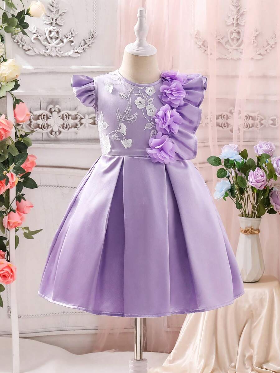 SHEIN Rochie drăguță cu mânecă șapcă cu decor floral 3D pentru fetiță