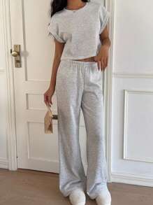 SHEIN EZwear Bộ đồ mặc nhà dệt kim màu xám dành cho nữ, áo và quần đơn giản thời trang thường ngày - Xám - Xem 6