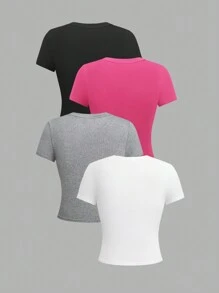 SHEIN LUNE 4 件装女士纯色圆领短袖贴身汗衫 - 彩色 - 查看 2