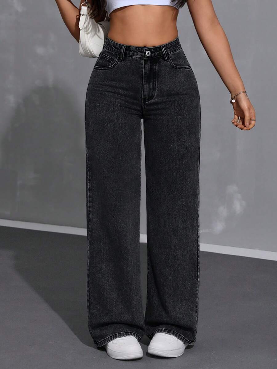 SHEIN Tall 高腰女式休闲阔腿牛仔裤，简约时尚，适合日常穿着