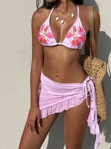 Swim SXY Women 3pcs Beach Vacation Outfit - Halter Print Crop Top, Ruffle Hem Cover Up Skirt, Cute Pink Swimwear Summer Set - Pink - View 7