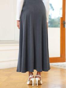 SHEIN Clasi Simple Solid Color Oversized Swing Ribbed Knit Grey Maxi Skirt, Casual & Fashionable For Everyday Wear Fall Cloth For Women - Dark Grey - View 2