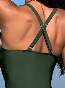 Swim Lushoire 2pcs Women Beach Outfit Set: Plain Criss Cross Front Ruched Top And Sexy High Waist Swim Shorts Tankini Set, For Summer Vacation