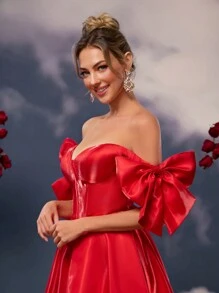 Lovelzi Elegant And Romantic Red Glossy Satin Off The Shoulder Exaggerated Big Bow Sleeves Wedding Guest Dress, Suitable For Evening Parties Valentine's Day Date Back-To-School Prom Dress Homecoming Dress, Party Dress - Red - View 2