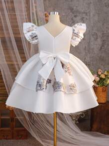 SHEIN Vestido de fiesta para niña preadolescente con jacquard floral, malla, diseño de peplum y volantes en capas, hilos metálicos, elegante, informal para vacaciones, fiesta blanca, vestido de princesa, para fiesta de cumpleaños, festival, Día de San Valentín