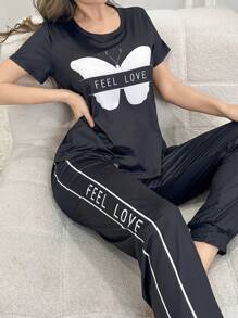 蝴蝶印花休闲睡衣，女式短袖上衣和抽绳长裤套装 - 黑色 - 查看 1