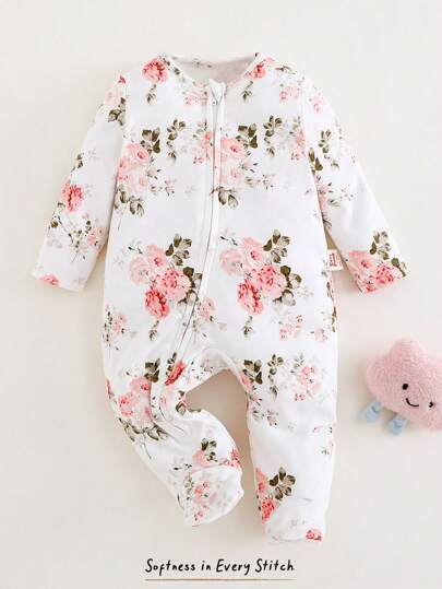 Cozy Pixies Newborn Baby Girl Ditsy Floral Print Soft Knitted Casual Romper With Round Neck And Long Sleeves, Suitable For Spring, Summer, Autumn, Winter, Indoor Home, And Outdoor Leisure