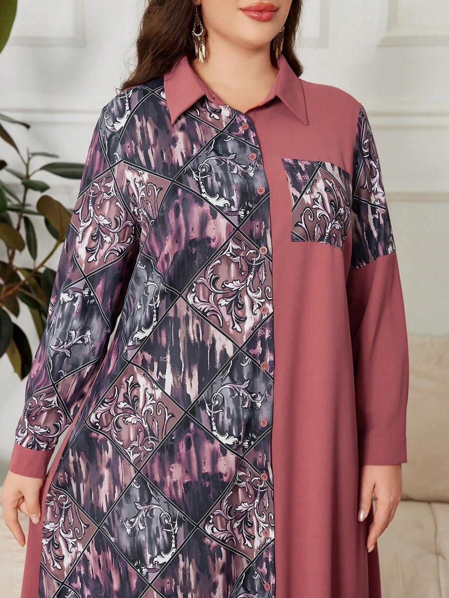Lacomfia Vestido de camisa elegante para mujer de talla grande con mangas largas y estampado floral de patchwork