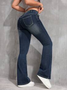 SHEIN PETITE Women's Front Button Pocket Simple Casual Denim Pants, Flared Jeans For Everyday Wear Y2k - Dark Wash - View 3