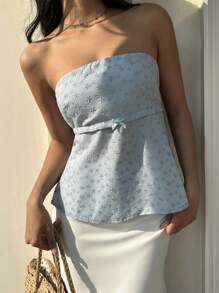 Sunnyshic 女士时尚度假刺绣蝴蝶结抹胸上衣 - 淺藍色 - 查看 4