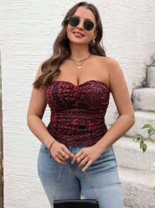 SHEIN VCAY 大码度假红色豹纹性感露肩上衣。情人节、休闲野餐派对。 - 酒紅色 - 查看 5