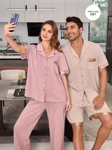 CoupledUp Jacquard Lapel Short Sleeve Contrast Ribbon Men's Sleepwear Set - Apricot - View 1