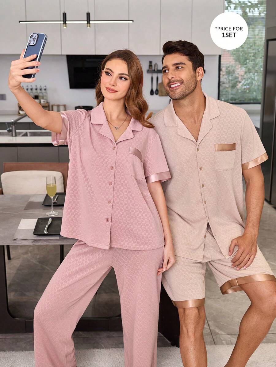 CoupledUp Jacquard Lapel Short Sleeve Contrast Ribbon Men's Sleepwear Set - Apricot - View 1