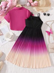 2pcs Tween Girl Elegant Ombre Sleeveless Dress & Casual Short Sleeve Blouse Set, Spring/Summer Vacation