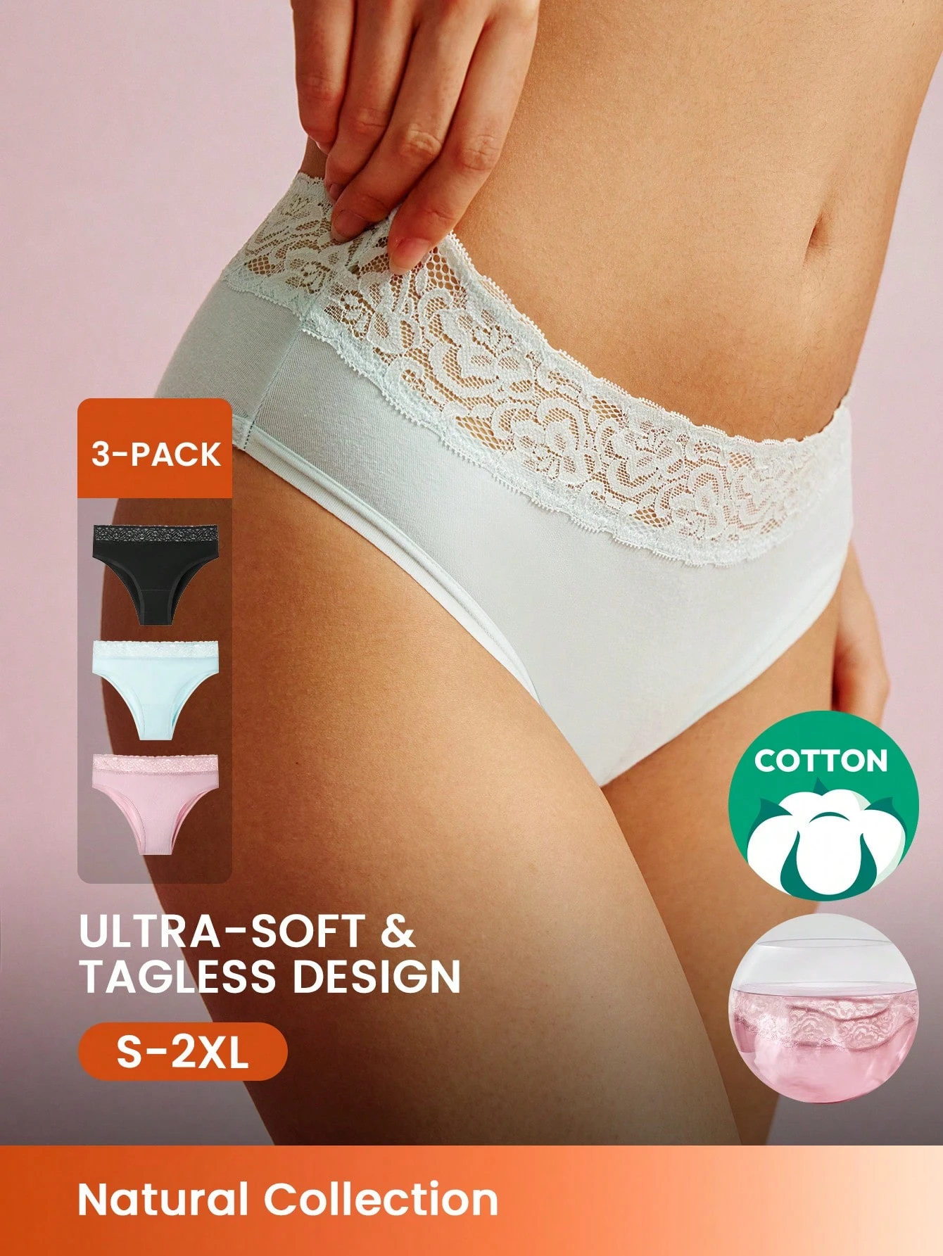 Set di 3 mutandine in cotone leggero con vita media e pizzo, biancheria intima da donna, colore azzurro ghiaccio