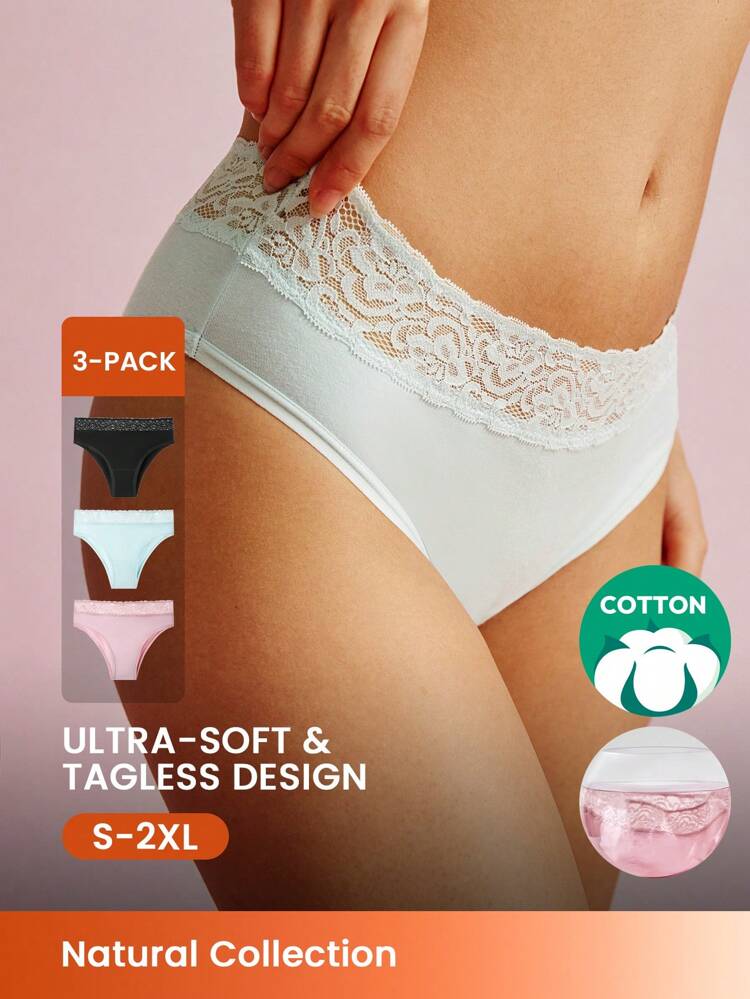 3 paquets de sous-vêtements aériens en coton de base avec taille mi-haute, garniture en dentelle, culotte échancrée aérée pour femmes - bleu glace
