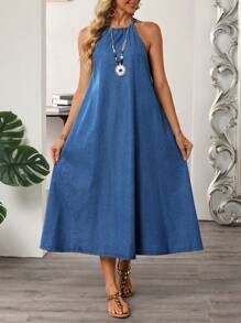 Damen Lässiges Cowl-Neck Jeans-Urlaubskleid - Blau - Übersicht 6