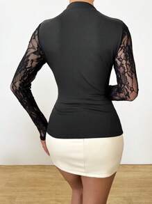 VaVaBold Camiseta de manga larga elegante y ajustada con contraste de encaje para mujer