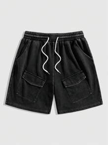 ROMWE MEN Street Life Pantalones cortos casuales de hombre con bolsillo frontal y lazo, para uso diario - Negro - Ver 3